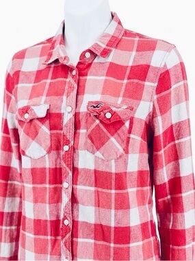 Hollister Coral and White Plaid Button-Down Shirt Size L